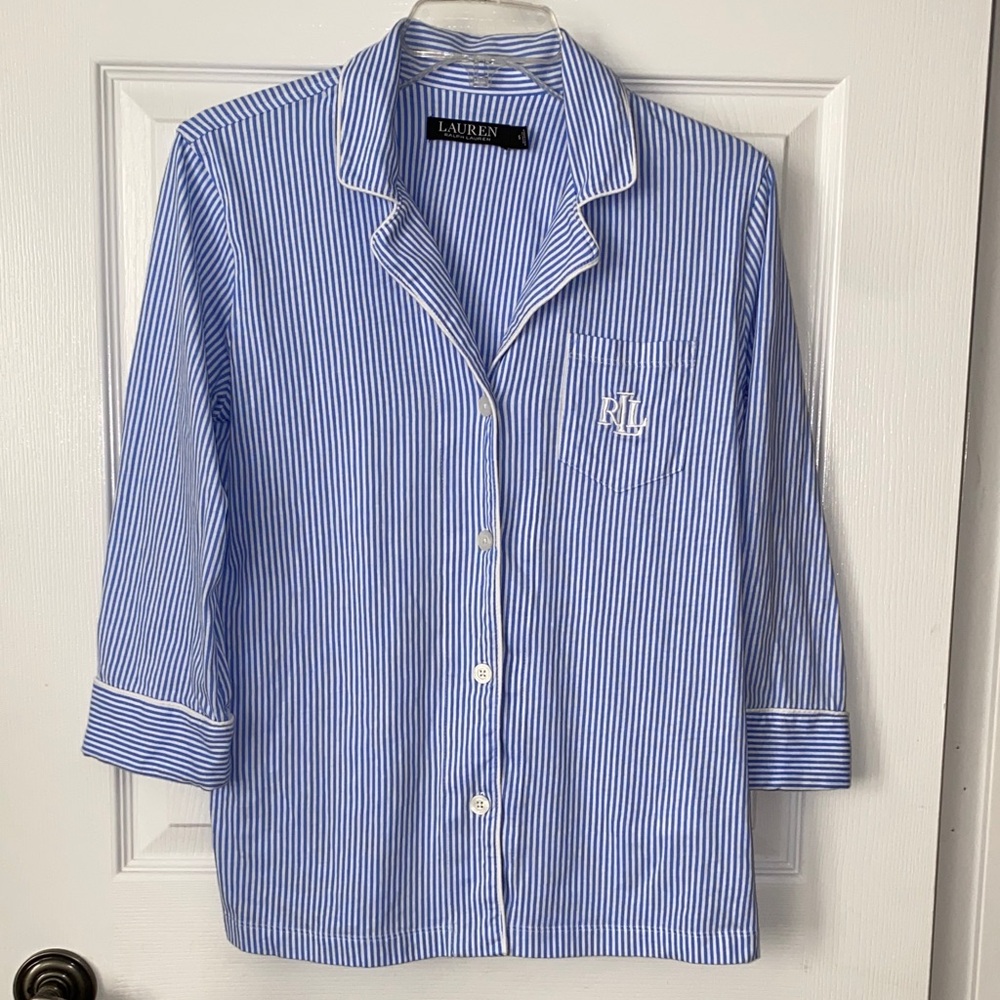 NWOT Lauren Ralph Lauren Blue and White Striped Pajama Shirt